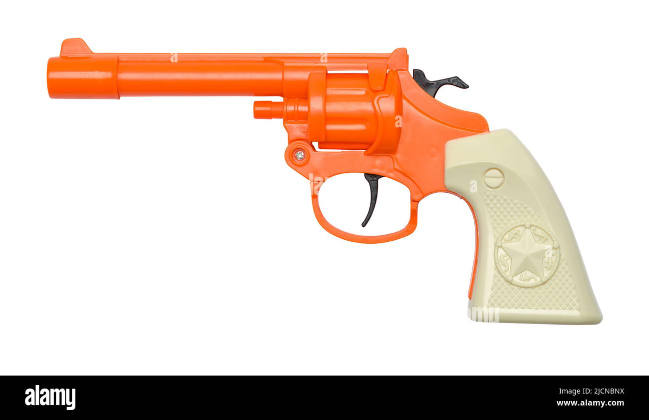 Kunststoff Spielzeug Cowboy Pistole Pistole ausgeschnitten auf weiß. Stockfoto