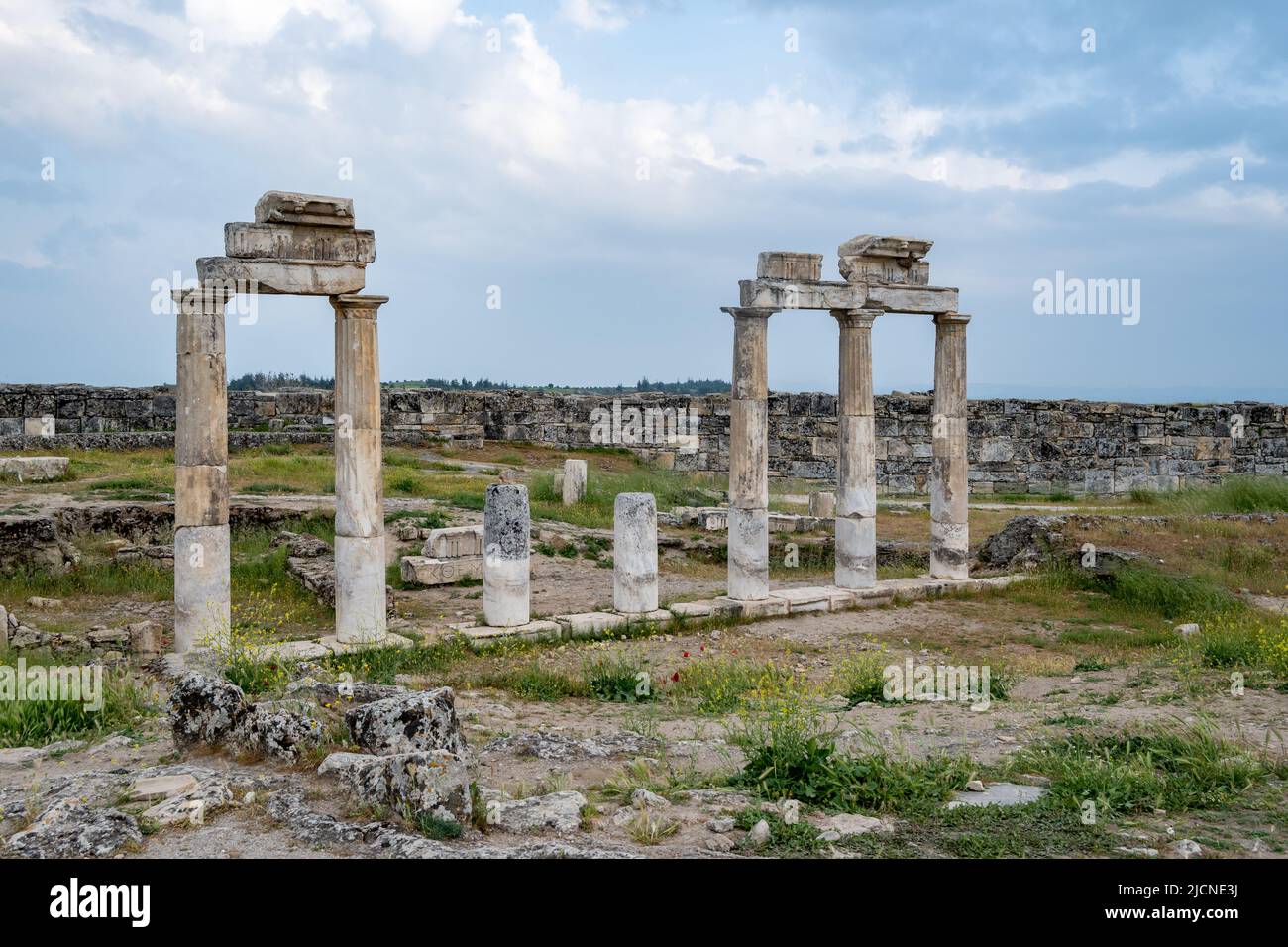 Marmorsäulen in den Ruinen der Hierapolis. Pamukkale, Türkiye. Stockfoto