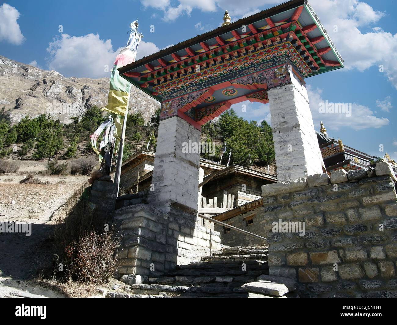 Upper Pisang Village, um Annapurna Trek, Manang District, Gandaki Zone, Nepal Himalaya, Nepal. Stockfoto