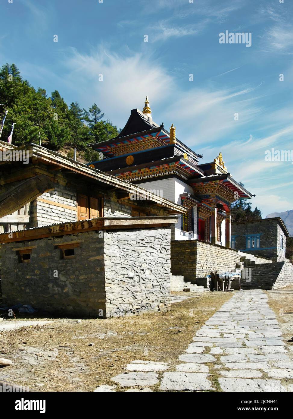 Upper Pisang Village, um Annapurna Trek, Manang District, Gandaki Zone, Nepal Himalaya, Nepal. Stockfoto
