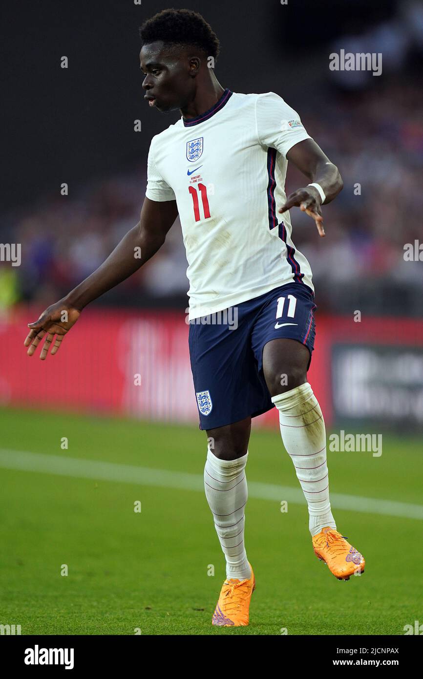 Wolverhampton, Großbritannien. 14.. Juni 2022. Bukayo Saka aus England in Aktion während des Spiels. UEFA Nations League, Gruppe c Spiel, England gegen Ungarn im Molineux Stadion in Wolverhampton, England am Dienstag, 14.. Juni 2022. Nur zur redaktionellen Verwendung. Bild von Steffan BowenAndrew Orchard Sports Photography/Alamy Live News Credit: Andrew Orchard Sports Photography/Alamy Live News Stockfoto