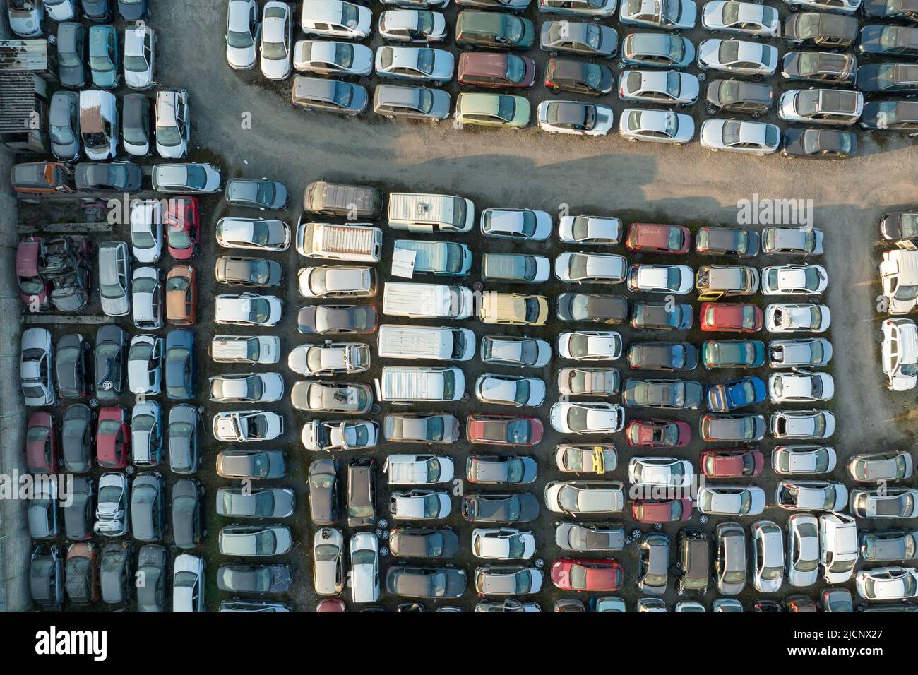Luftaufnahme des großen Parkplatzes von Schrottplatz mit Reihen von weggeworfenen gebrochenen Autos. Recycling von Altfahrzeugen Stockfoto