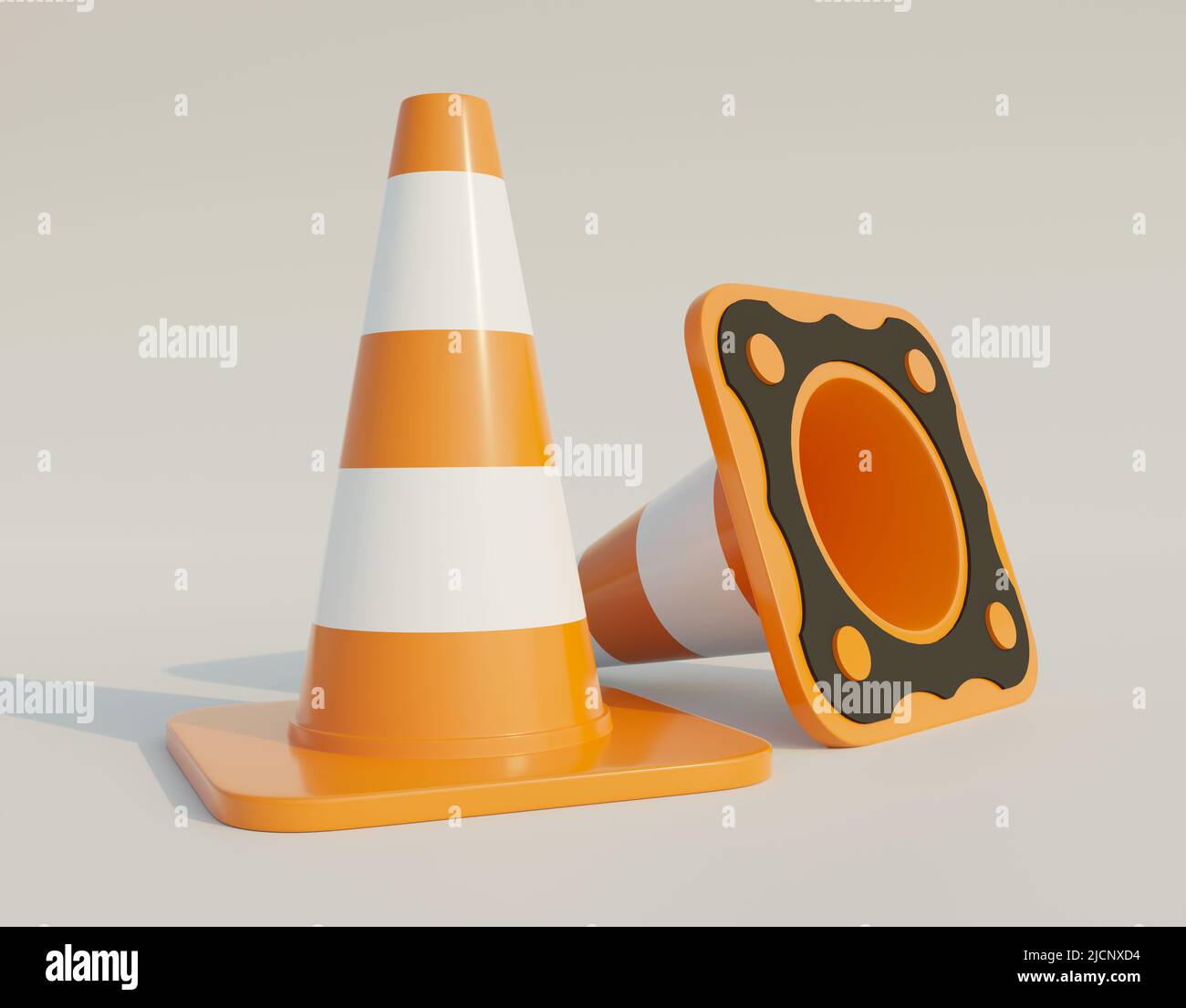 Autobahnbaukegel. Orangefarbener Körper mit weißen Streifen. Isoliert auf Weiß. 3D Rendering-Illustration. Stockfoto