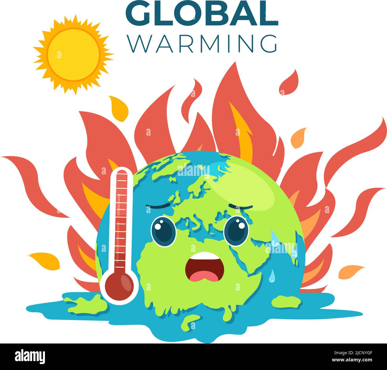 Illustration im Cartoon-Stil der globalen Erwärmung mit Planet Erde in einem schmelzenden oder brennenden Zustand und Bild Sonne, um Schäden an der Natur und dem Klimawandel zu verhindern Stock Vektor