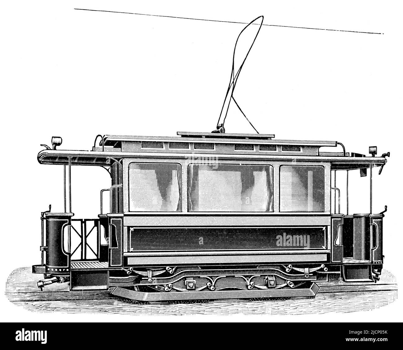 Elektrische Straßenbahn. Veröffentlichung des Buches 'Meyers Konversations-Lexikon', Band 2, Leipzig, Deutschland, 1910 Stockfoto