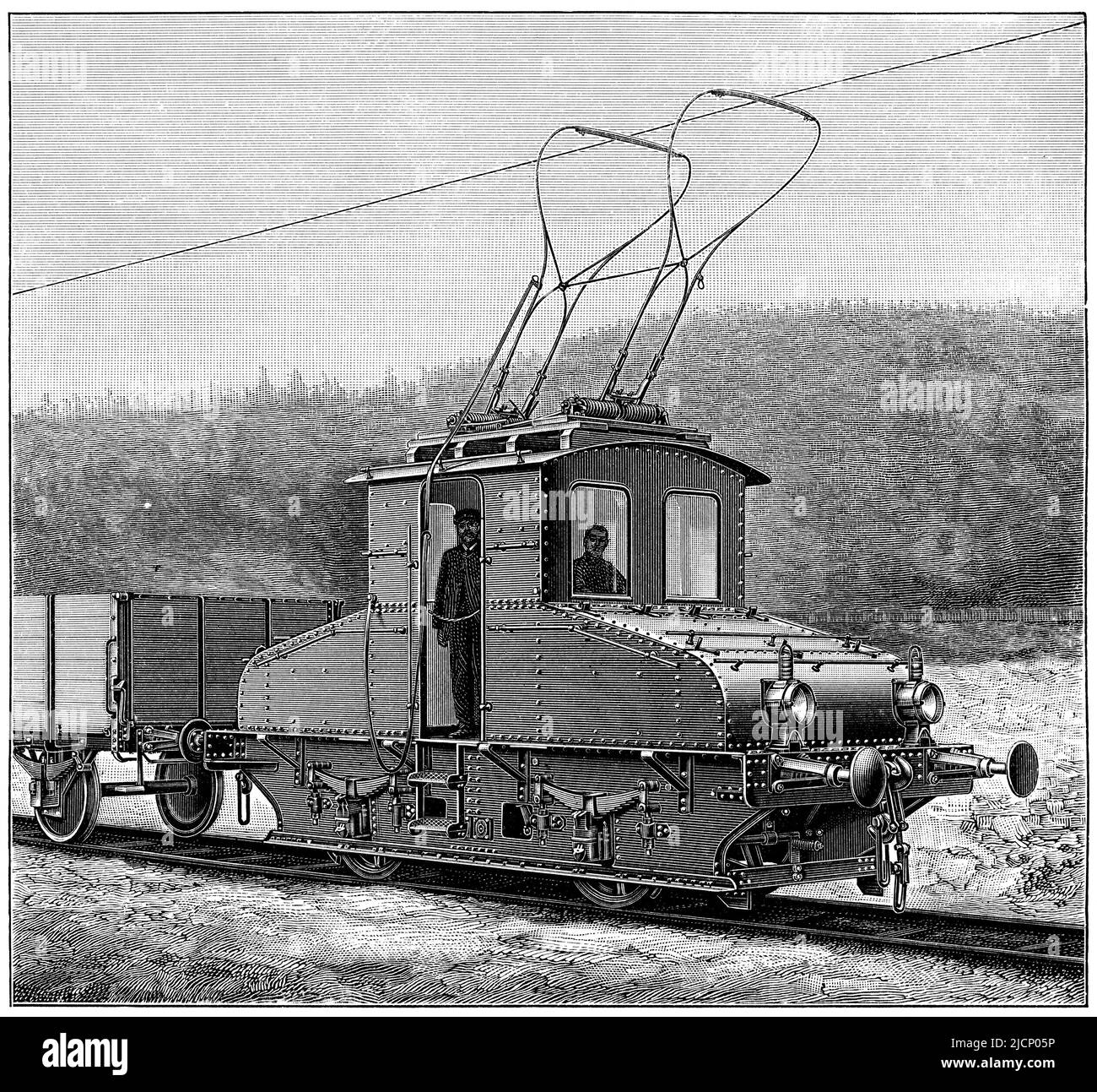 Elektrische Lokomotive mit Standardspurweite. Veröffentlichung des Buches 'Meyers Konversations-Lexikon', Band 2, Leipzig, Deutschland, 1910 Stockfoto