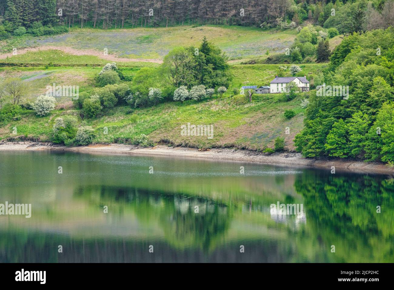 1. Juni 2019: Llyn Brianne, Wales, UK - isoliertes Haus neben dem Stausee, im Wasser reflektiert. Stockfoto