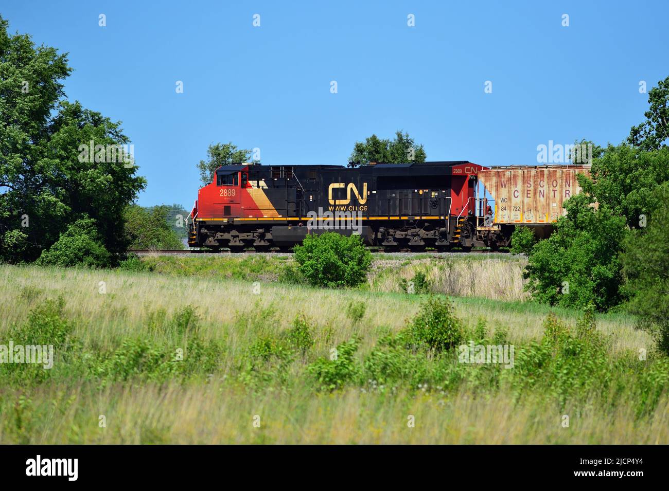 Wayne, Illinois, USA. Eine Lokomotive der Canadian National Railway führt einen Güterzug durch einen ländlichen Abschnitt im Nordosten von Illinois. Stockfoto