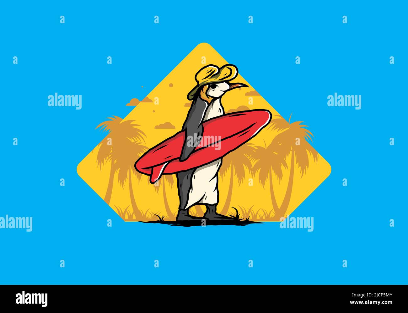 Illustration des niedlichen Pinguins, der ein Surfbrett zwischen Kokospalmen trägt Stock Vektor