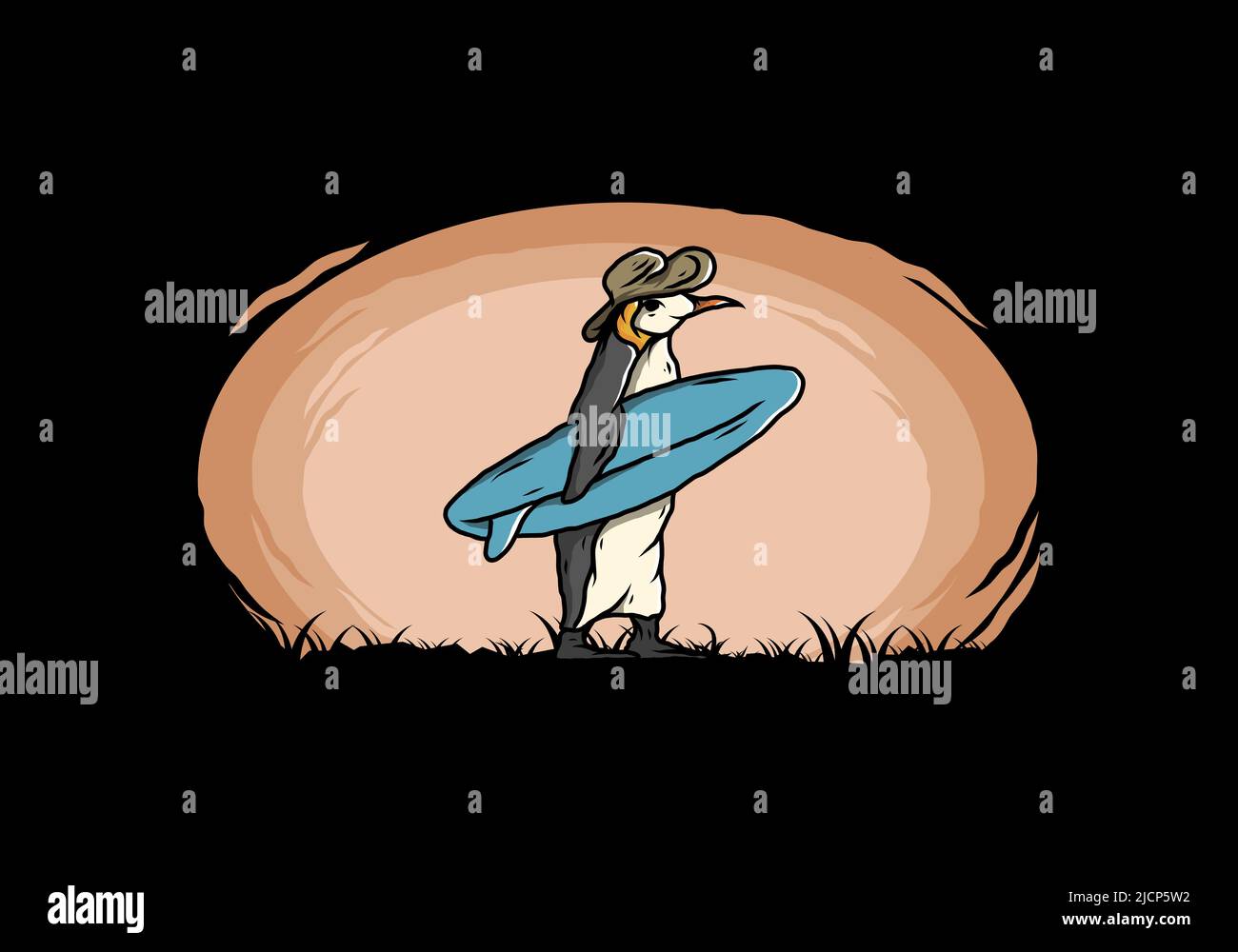 Illustration des niedlichen Pinguins, der ein Surfbrett zwischen Kokospalmen trägt Stock Vektor
