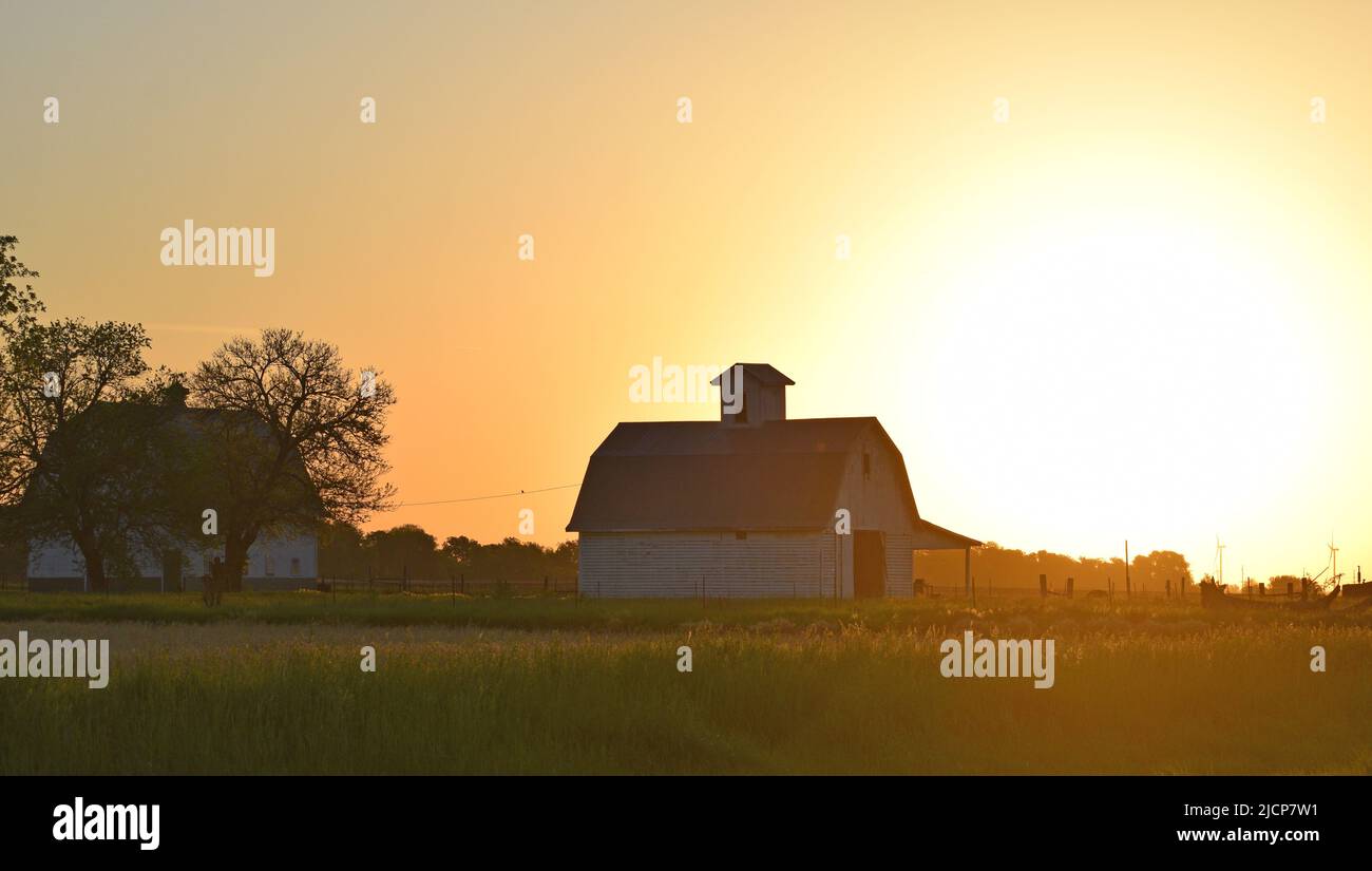Sonnenaufgang auf einem Bauernhof mit einer weißen Scheune im ländlichen Osten von Illinois Stockfoto