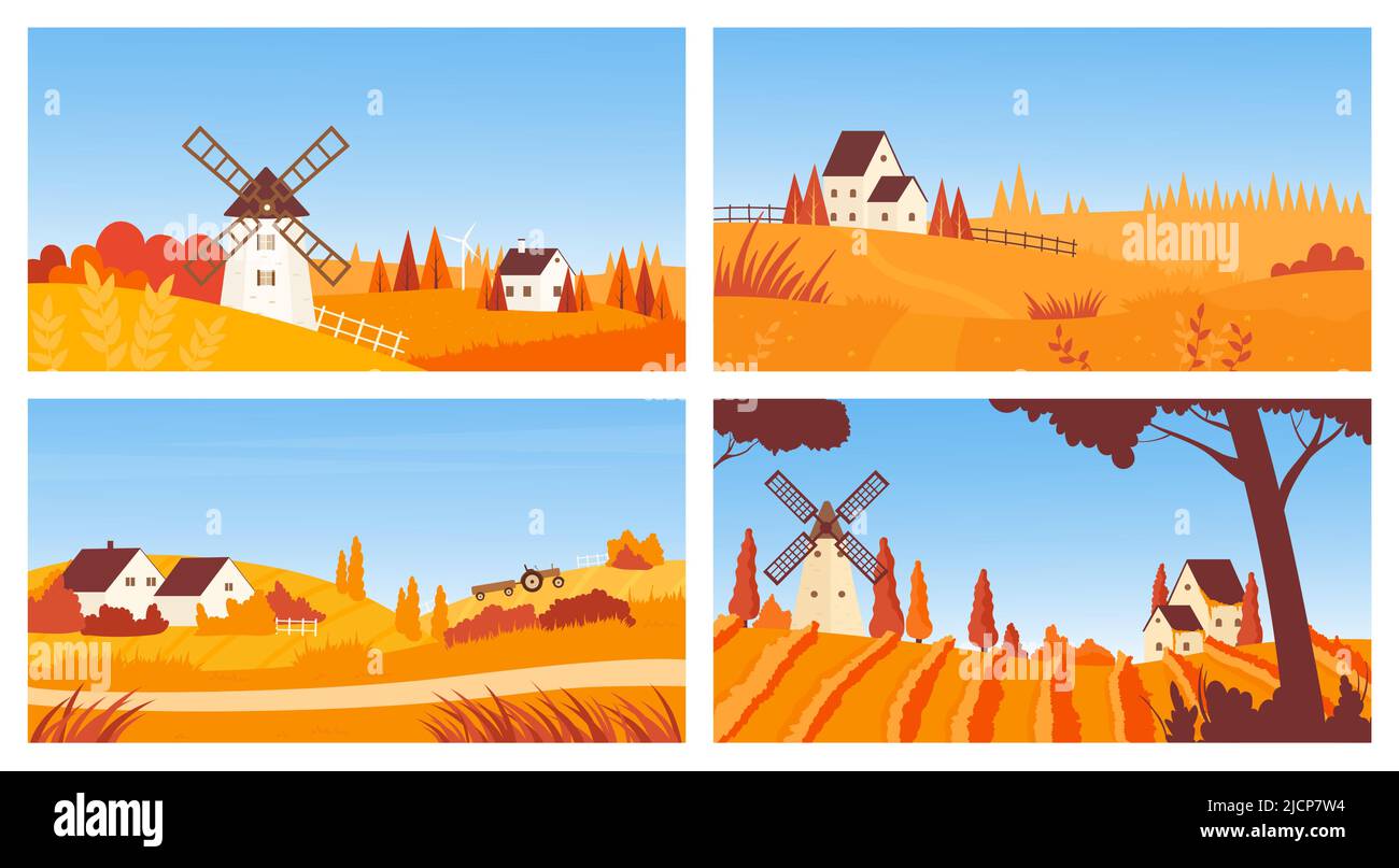 Dorf Herbst Landschaft mit Mühle, Weizenfarm Felder Vektor Illustration Set. Cartoon Landwirtschaft Landschaft mit Häusern, Windmühle und Weinberg auf dem Land, Traktor Ernte Hintergrund Stock Vektor