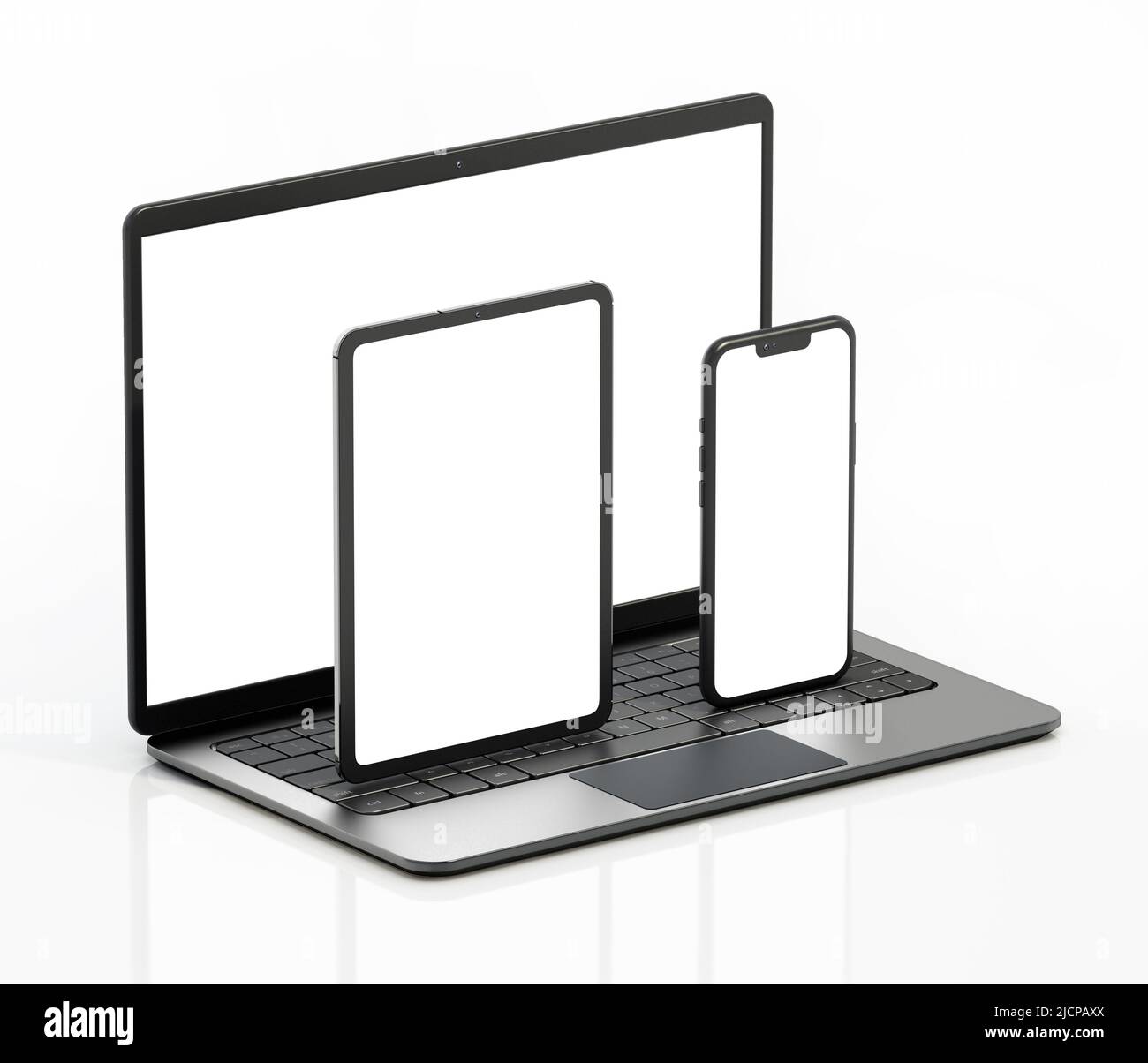 Laptop-Computer, Smartphone und Tablet-Computer auf weißem Hintergrund isoliert. 3D Abbildung. Stockfoto