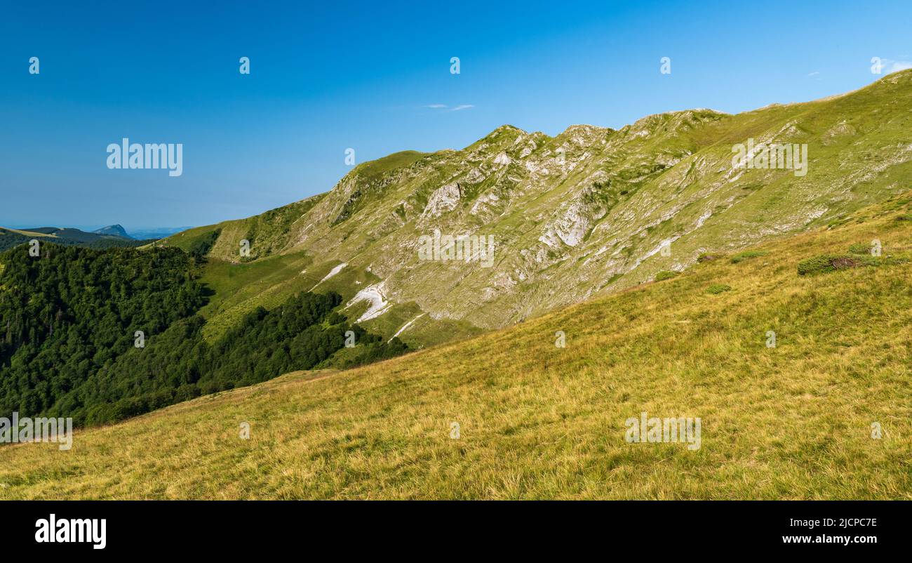 Schöne Berglandschaft der Karpaten in Rumänien mit einem Hügel mit Kalksteinfelsen, Wiesen, Wald und klarem Himmel - Blick beim Wandern nach OS Stockfoto