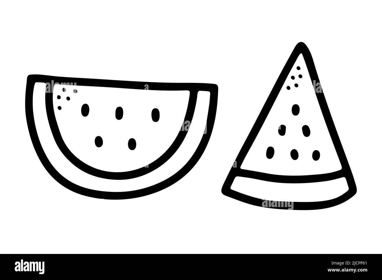 Halbrunde, dreieckige Scheiben Wassermelone auf weißem Hintergrund. Kritzeln Sie frische Kawaii-Früchte. Skizzieren Sommer saftige Lebensmittel. Handgezeichnetes Sweet Treat-Bild. Stock Vektor