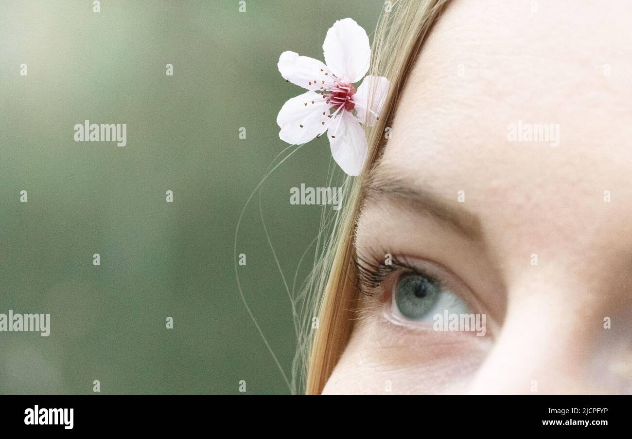 Nahaufnahme oder Makro einer kleinen rosa Kirschblüte im Haar einer blonden Frau Stockfoto