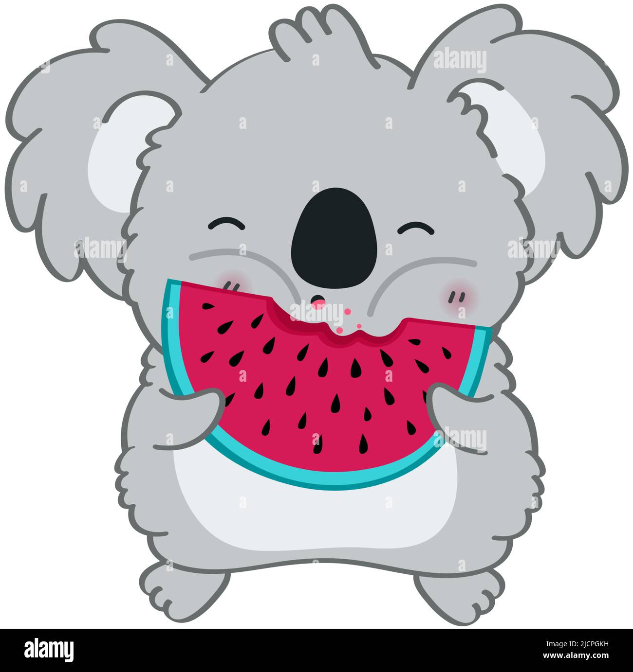 Cliparts Koala im Cartoon-Stil. Niedliche Clip Art Koala Bär Essen Wassermelone. Vektor-Illustration eines Tieres für Aufkleber, Baby-Dusche-Einladung Stock Vektor