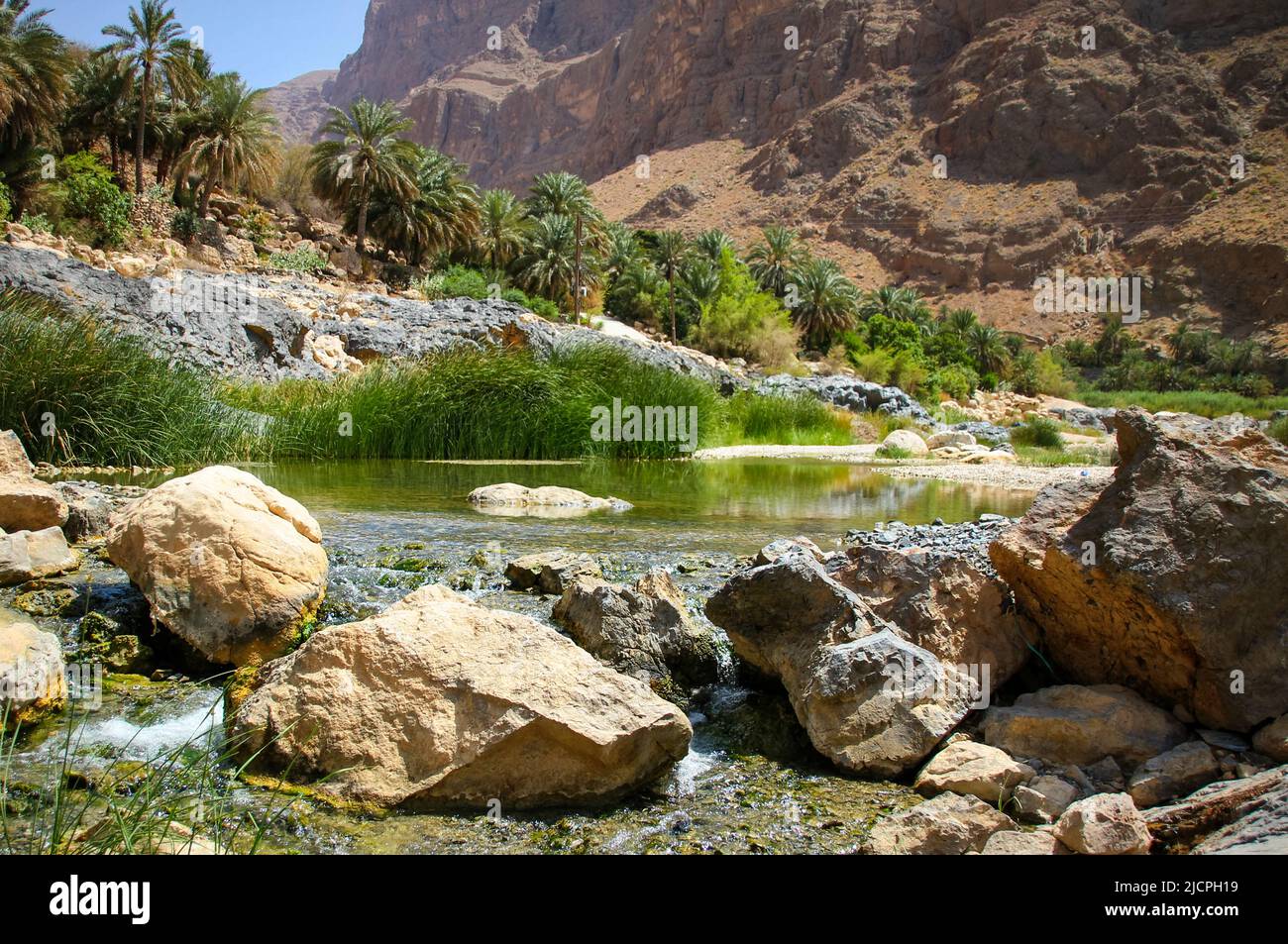 Eine Oase in den trockenen Bergen im Oman Stockfoto