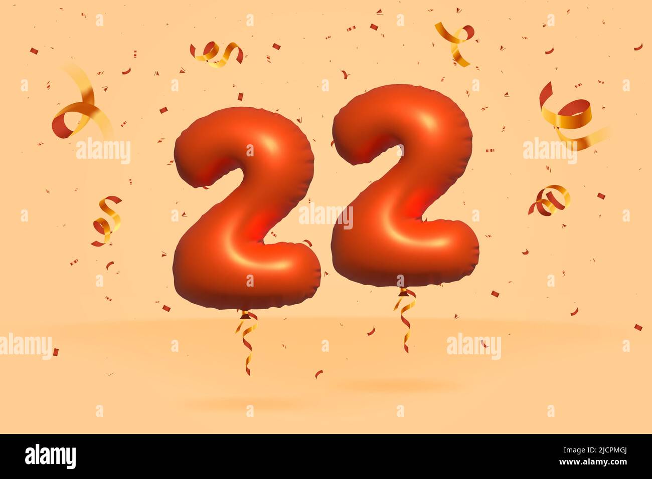 3D Nummer 22 Sale off Rabatt Promotion aus realistischer Konfetti Folie 3D Orange Helium Ballon Vektor. Illustration für den Verkauf von Plakaten, Bannerwerbung, Stock Vektor