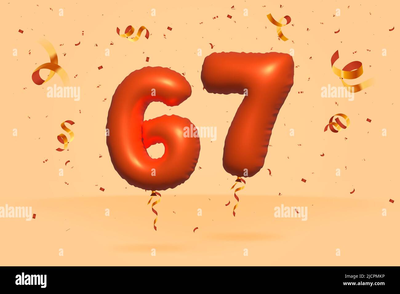 3D Nummer 67 Sale off Rabatt Promotion aus realistischer Konfetti Folie 3D Orange Helium Ballon Vektor. Illustration für den Verkauf von Plakaten, Bannerwerbung, Stock Vektor