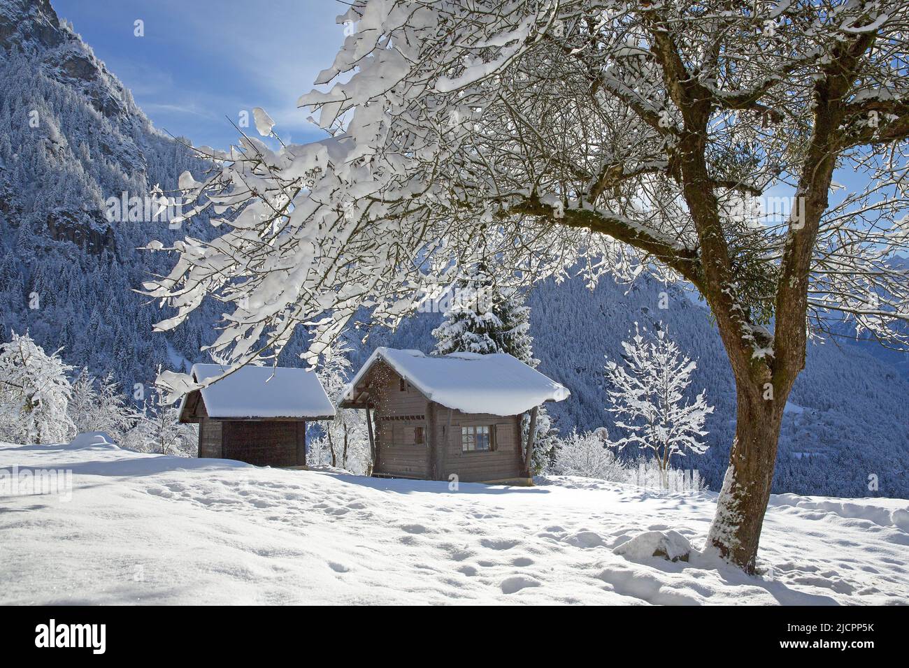 Frankreich, Haute-Savoie, Chalet im Schnee Mont Blanc, Frankreich Stockfoto