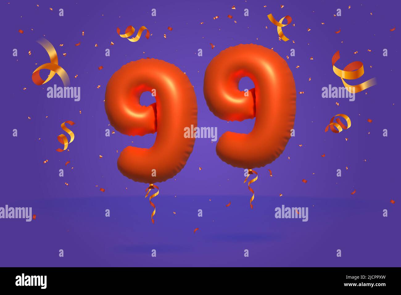 3D Nummer 99 Sale off Rabatt Promotion aus realistischer Konfetti Folie 3D Orange Helium Ballon Vektor. Illustration für den Verkauf von Plakaten, Bannerwerbung, Stock Vektor
