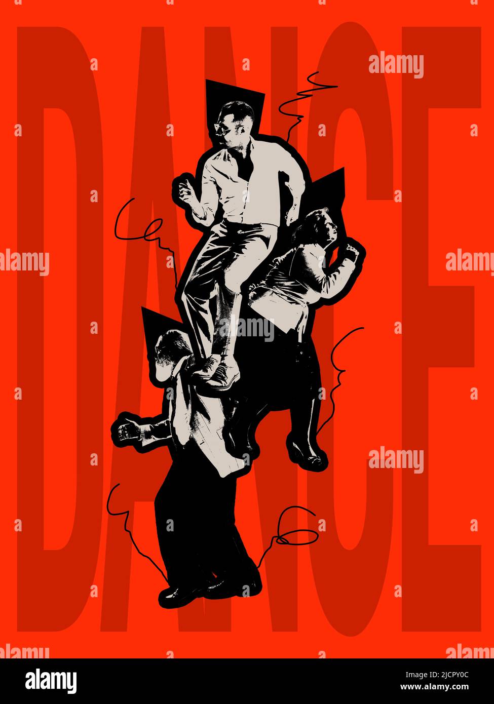 Collage mit drei Tänzerinnen, die 70s gekleidet waren, 80s modisch tanzend Rock-and-Roll auf rotem Hintergrund mit Schriftzug. Poster-Grafiken Stockfoto