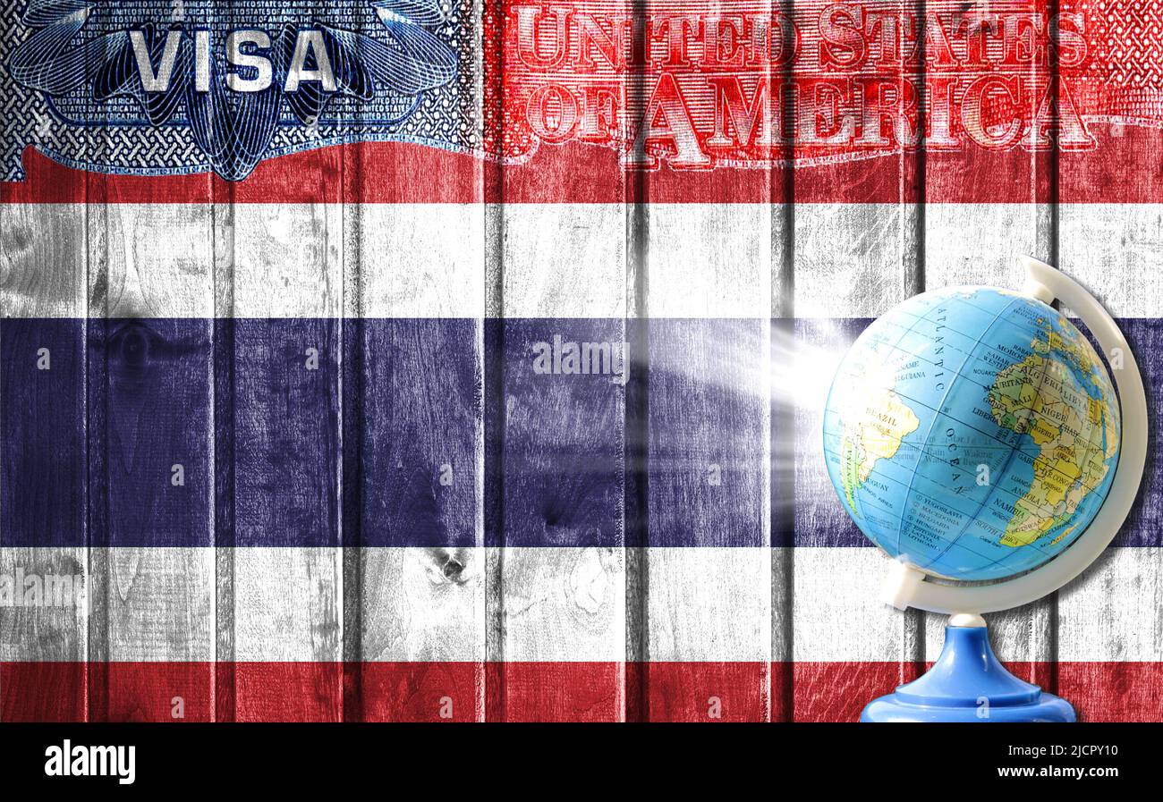 Visadokument der Vereinigten Staaten von Amerika, Flagge Thailands und Globus im Hintergrund. Das Konzept von Reisen in die Vereinigten Staaten und illegaler Migration Stockfoto