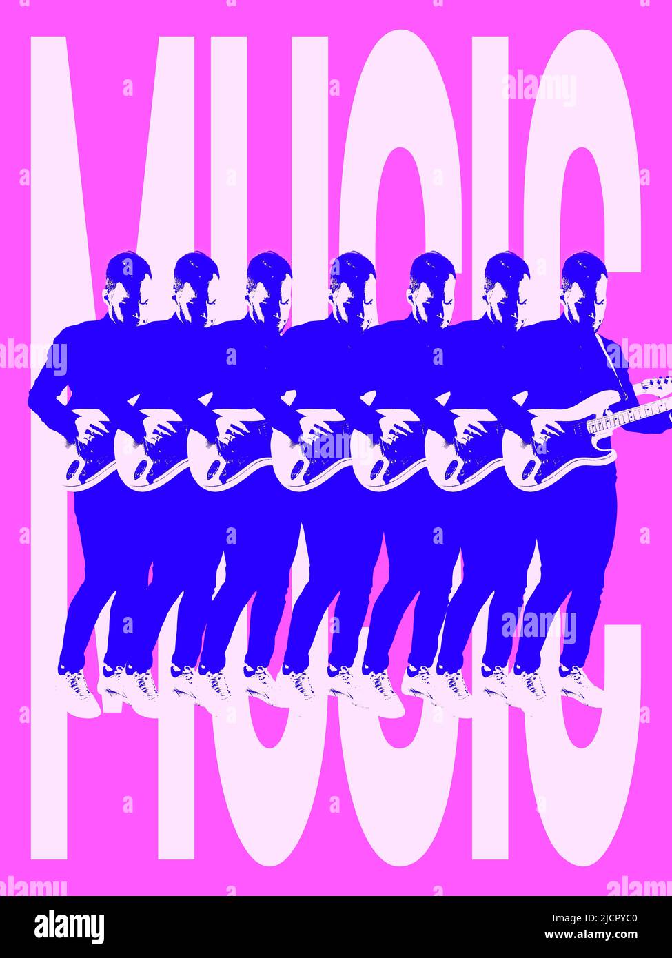 Poster. Collage zeitgenössischer Kunst. Junge Musiker, die Gitarre spielen, isoliert auf violettem Hintergrund mit Musikschriftzug. Kreativität Stockfoto