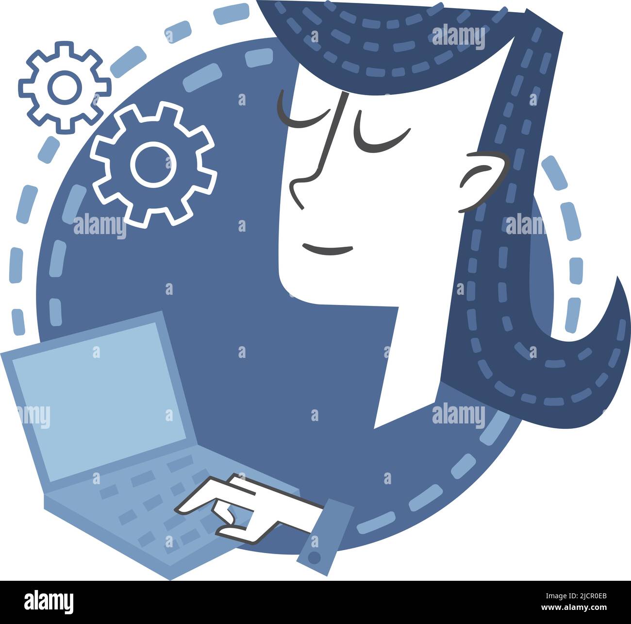 Junge Frau, die an ihrem Laptop arbeitet. Banner im Retro-Stil mit einer jungen Frau, die an ihrem Laptop arbeitet. Stock Vektor