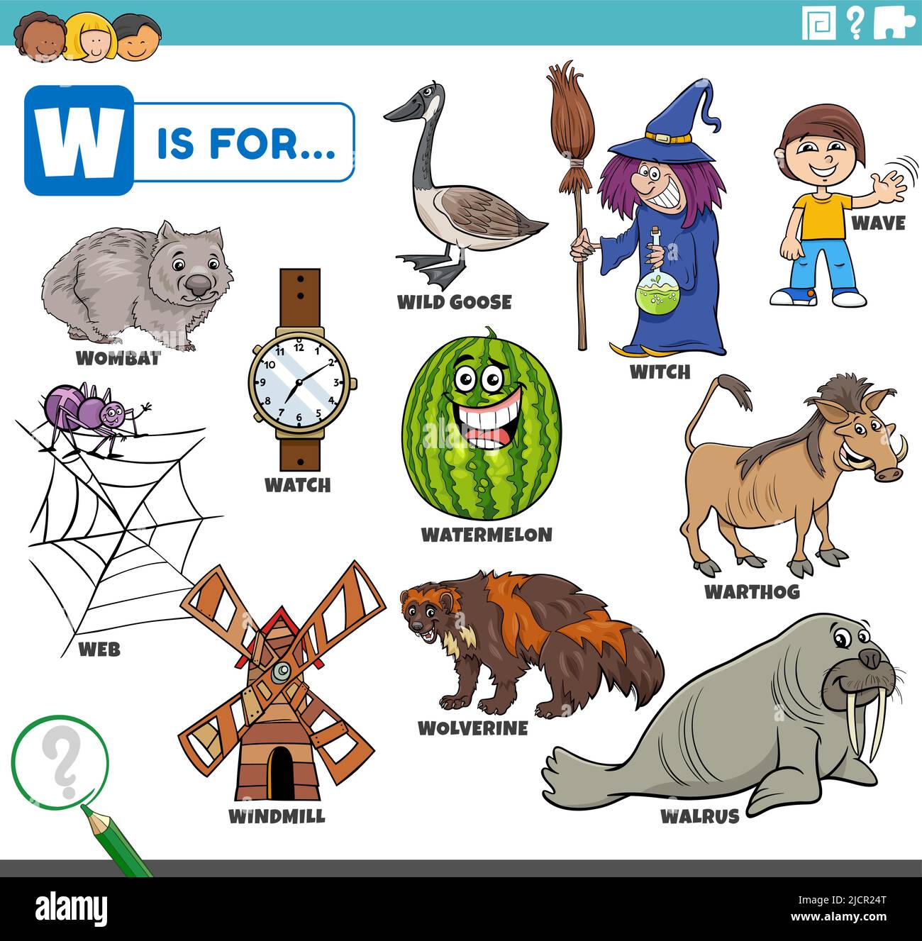 Pädagogische Cartoon-Illustration für Kinder mit Comic-Figuren und Objekte für Buchstabe W gesetzt Stock Vektor