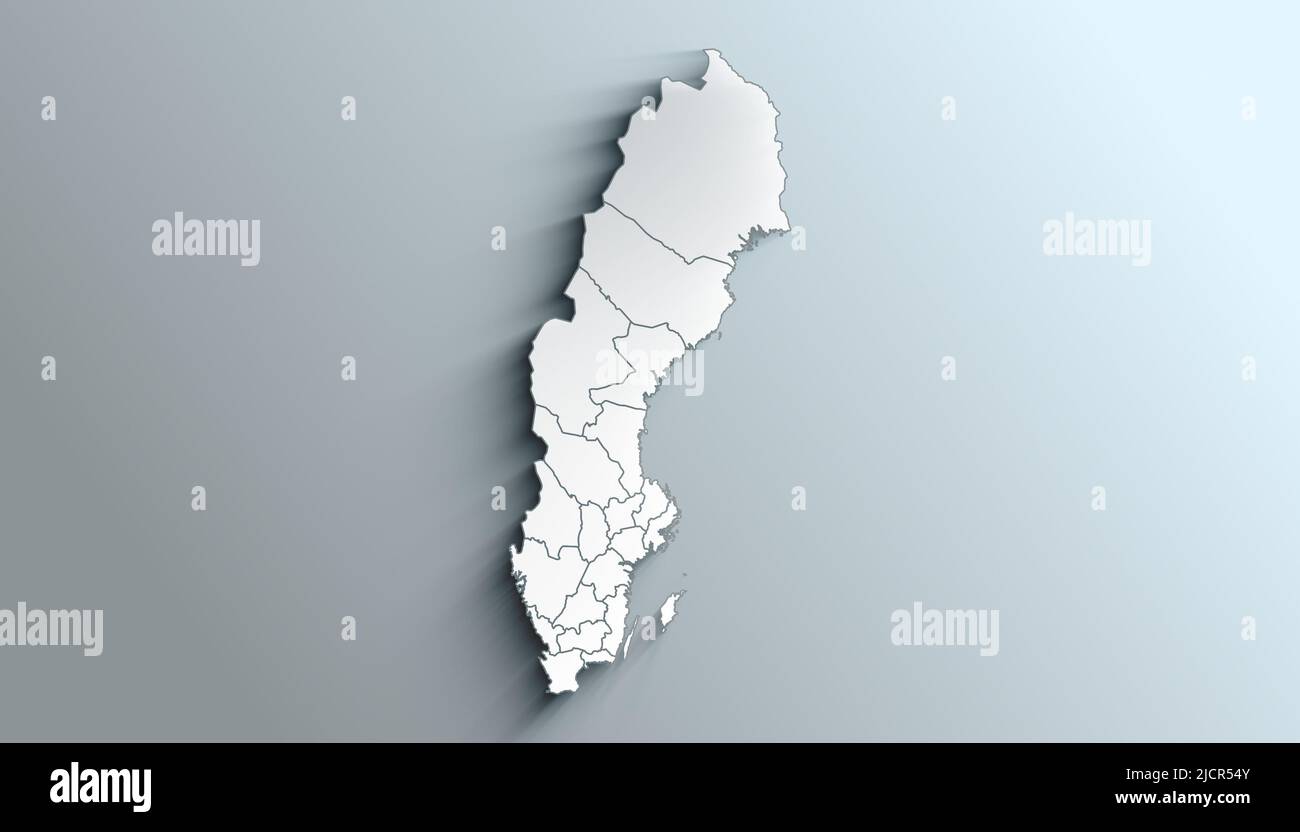 Geographische Karte von Schweden mit Grafschaften mit Regionen mit Schatten Stockfoto