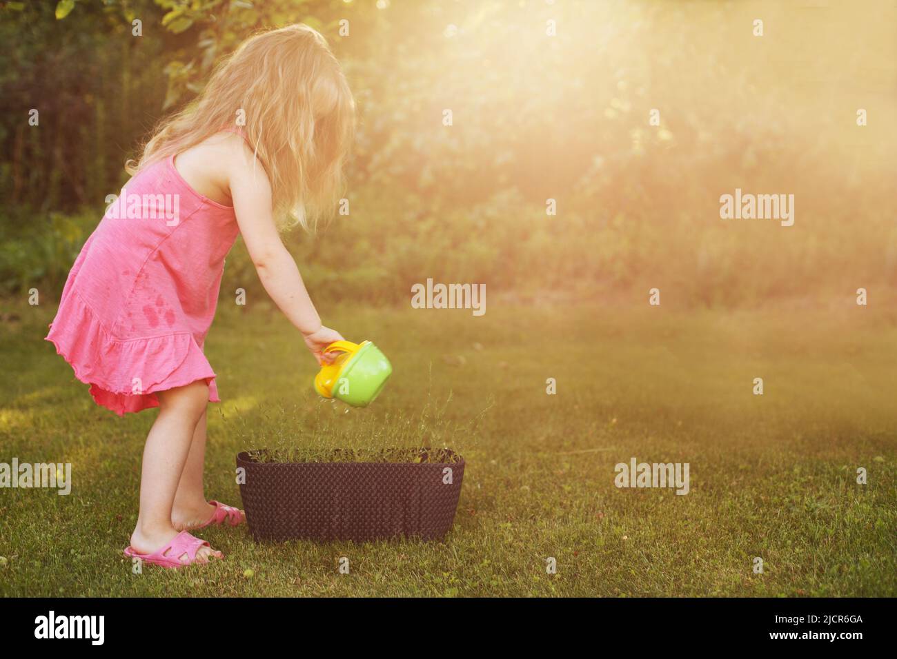 Nettes kleines Mädchen, das Blumen im Sommergarten wässert Stockfoto