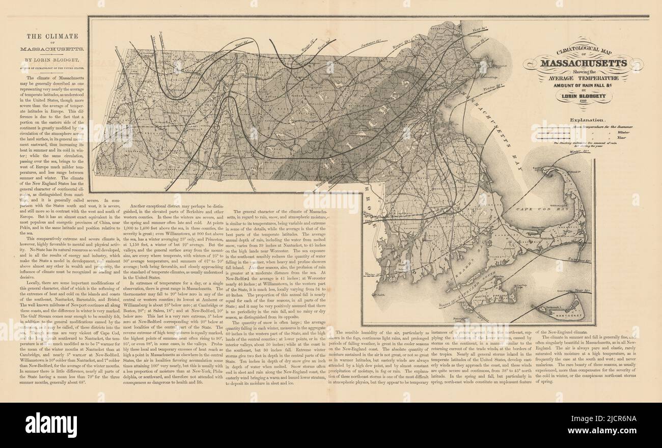 Klimatologische Karte von Massachusetts… Durchschnittliche Temperatur. BLODGETT 1871 Stockfoto