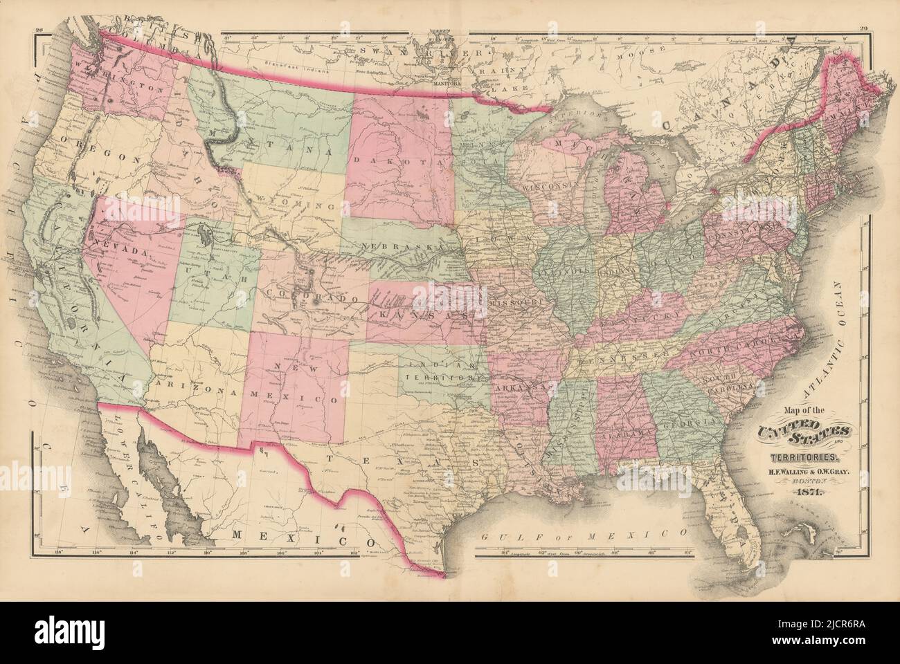 Karte der Vereinigten Staaten und Territorien von Walling & Grey 1871 alt Stockfoto