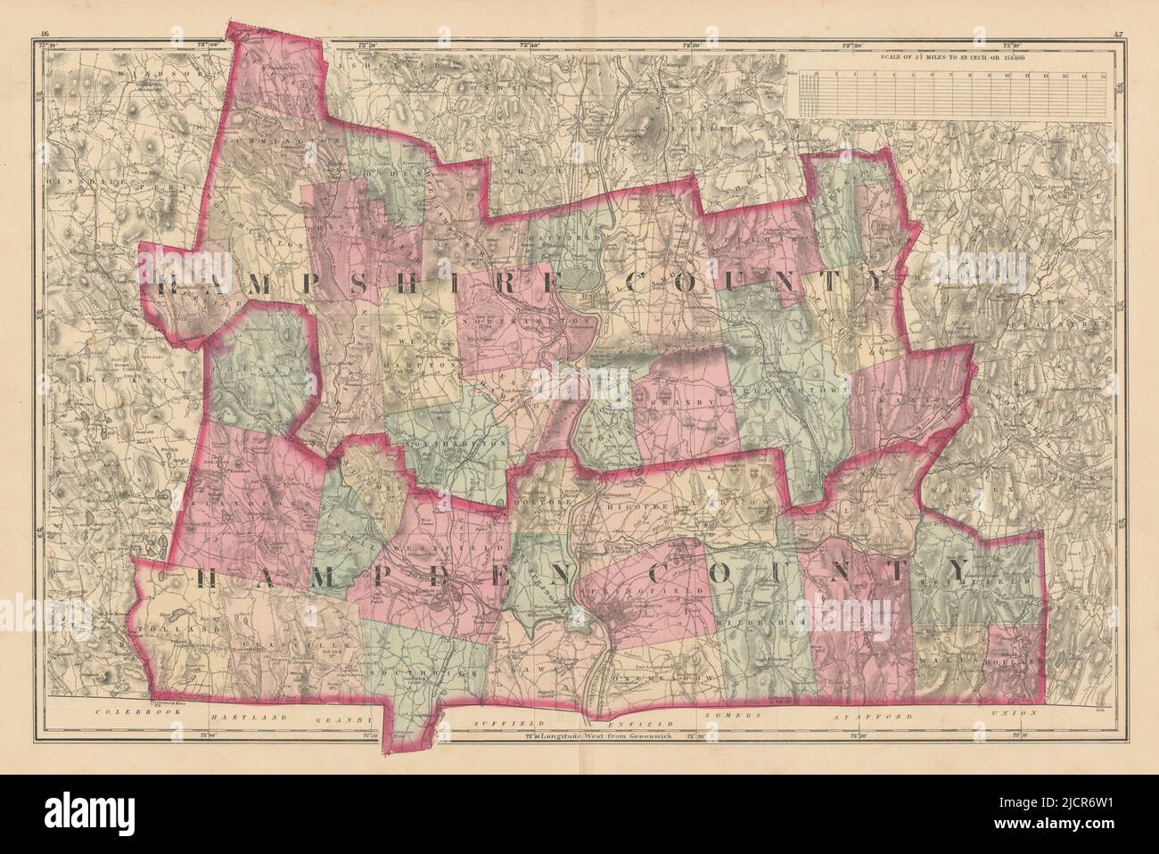 Hampshire County & Hampden County, Massachusetts. WALLING & GREY 1871 alte Karte Stockfoto