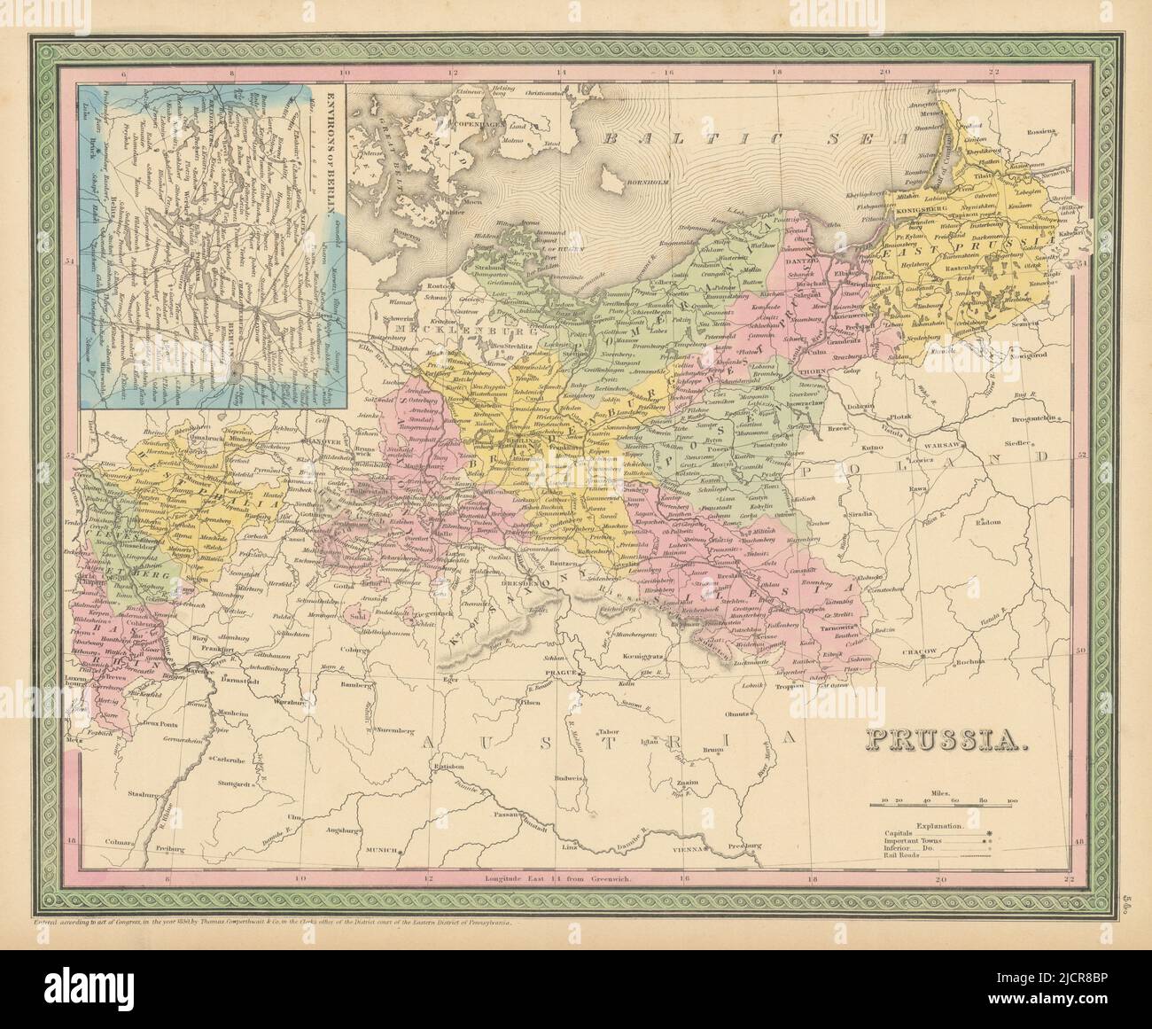 Preußen. Berlin-Umgebung. Deutschland Und Polen. THOMAS, COWPERTHWAIT 1852 alte Karte Stockfoto