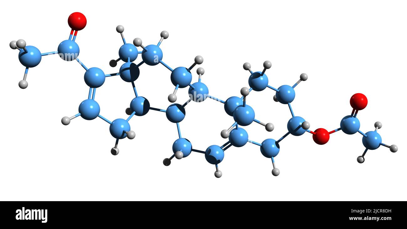 3D Bild der Skelettformel von 16-Dehydropregnenolonacetat - molekularchemische Struktur von 16-DPA isoliert auf weißem Hintergrund Stockfoto