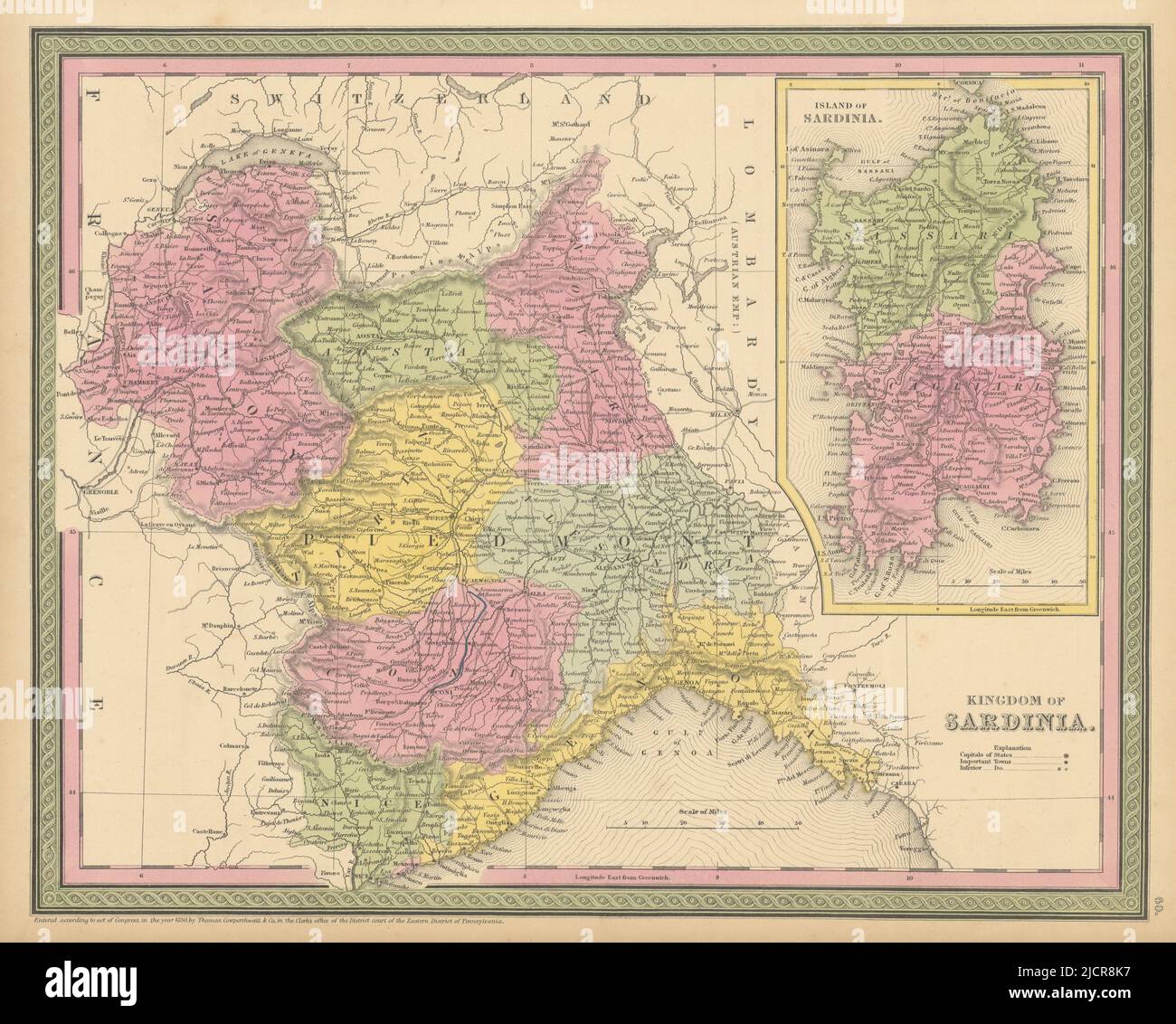 Königreich Sardinien. Französische Alpen. Piemont Savoie Aosta. COWPERTHWAIT 1852 MAP Stockfoto