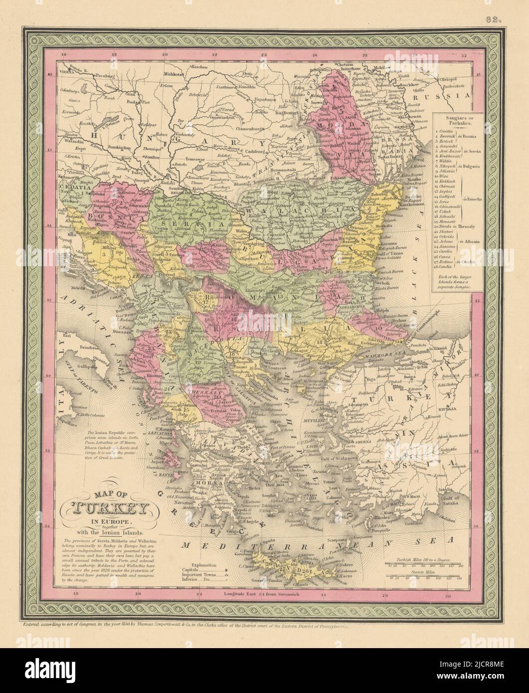 Die Türkei in Europa zusammen mit den Ionischen Inseln. Balkan COWPERTHWAIT 1852-Karte Stockfoto