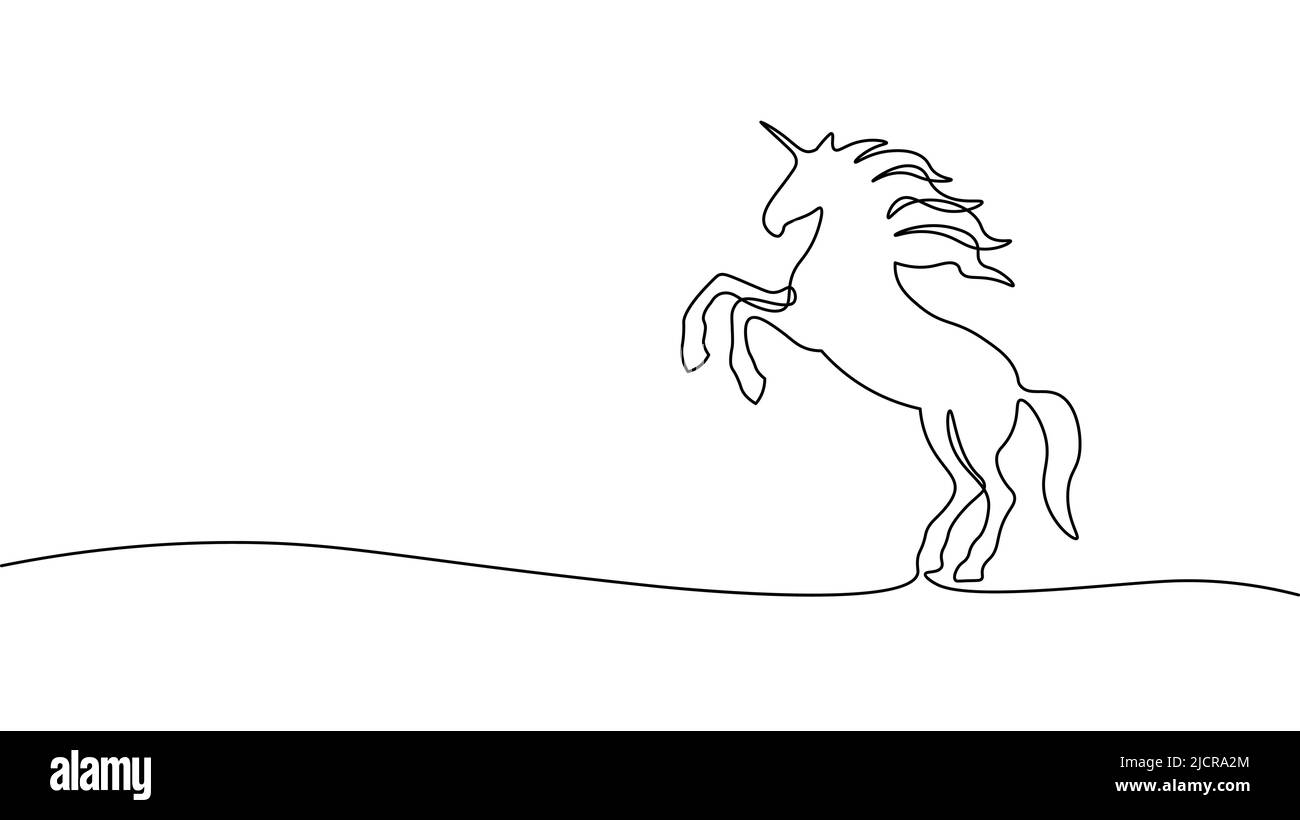 Einhorn-Reiten mit einer Linie. Kontinuierliche Linie Kunst Dekoration magische Horn Zeichnung Märchen Mythos Fantasie Hintergrund Vektor Illustration Stock Vektor
