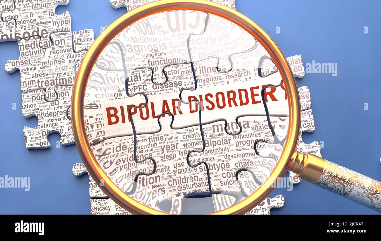 Bipolare Störung als komplexes und mehrteiliges Thema unter enger Kontrolle. Komplexität wird als passende Puzzleteile dargestellt, die Dutzende von lebenswichtigen Ideen definieren Stockfoto