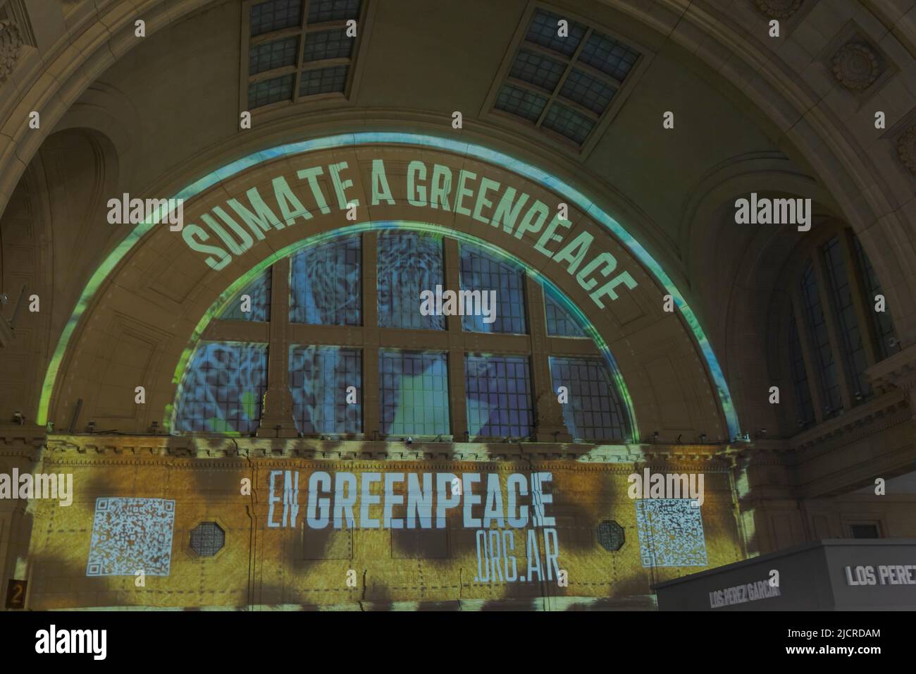 Argentinien: 04/06/2022, Buenos Aires, Argentinien. 14.. Juni 2022. Die Umweltorganisation Greenpeace Argentina wird in der Haupthalle des Bahnhofs Constitución eine riesige Projektion aus dem Jahr 3D durchführen, um vor dem Aussterben der letzten 20 Yaguaretés aus dem Gran Chaco Argentino zu warnen, die aufgrund der Zerstörung ihrer Wälder vom Aussterben bedroht sind. (Foto: Esteban Osorio/Pacific Press) Quelle: Pacific Press Media Production Corp./Alamy Live News Stockfoto