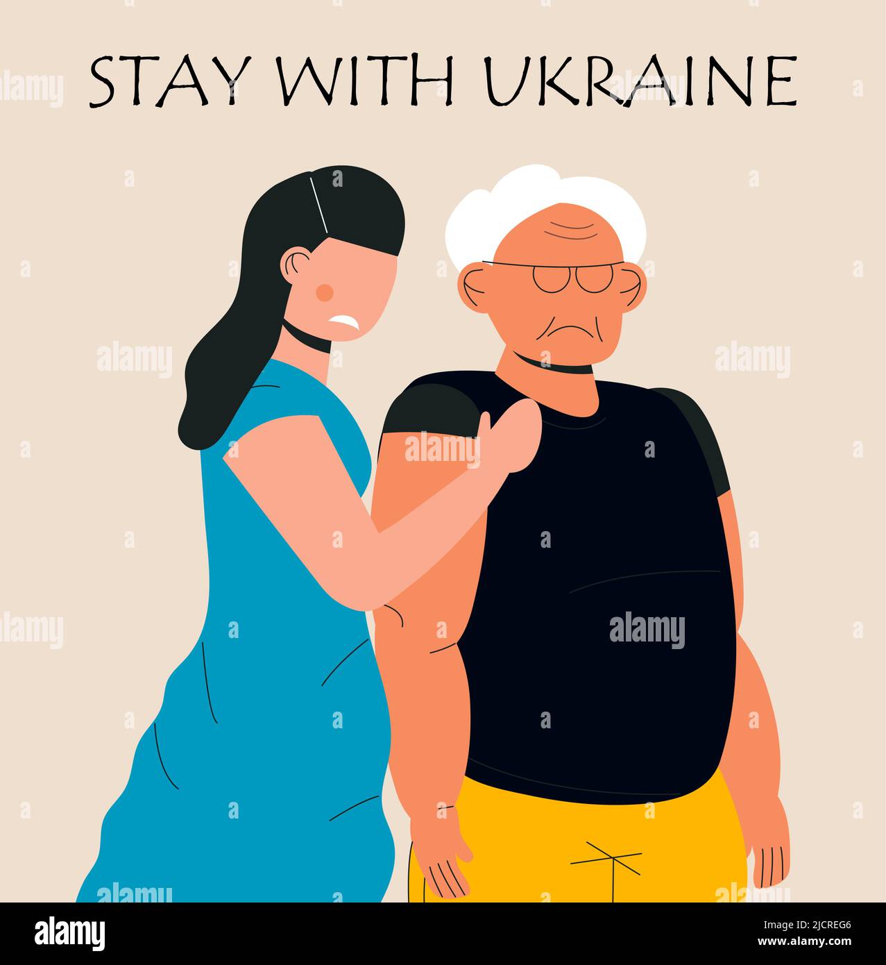 Traurige Menschen in Kleidung Ukrainische Farben Flagge im Krieg, unterstützen Ukraine Vektor-Banner für Web, Poster. Traurige Frau bittet um Unterstützung für ihr Land. Speichern und helfen Stock Vektor