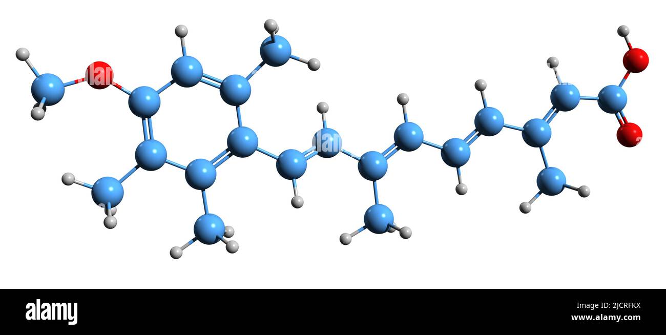 3D Bild der Acitretin-Skelettformel - molekulare chemische Struktur des Retinoids auf weißem Hintergrund isoliert Stockfoto