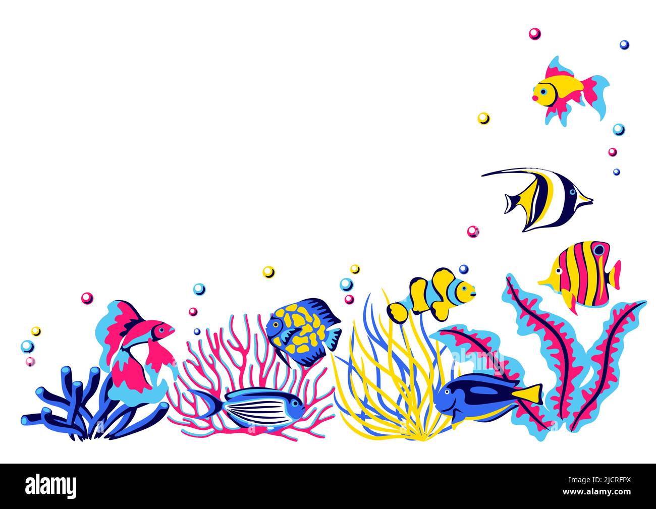 Hintergrund mit tropischen Fischen. Meerwasseraquarium und Meerestiere. Stilisiertes Bild in hellen Farben. Stock Vektor