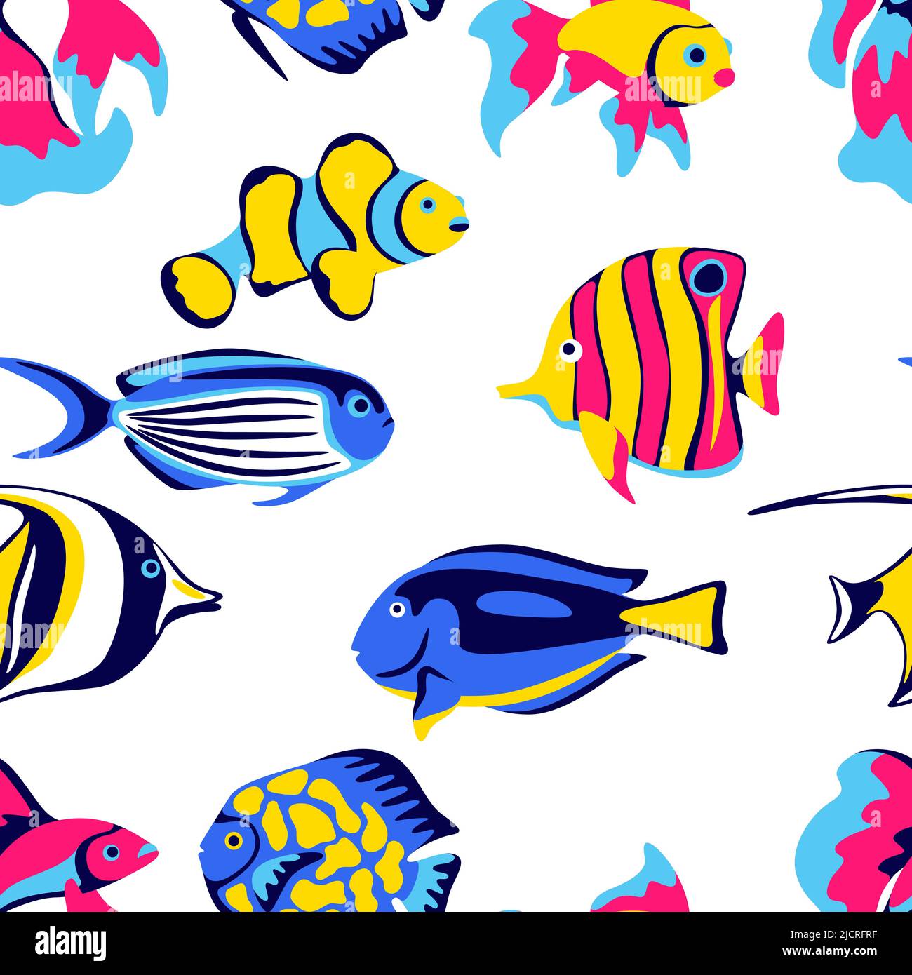 Nahtloses Muster mit tropischen Fischen. Meerwasseraquarium und Meerestiere. Stilisiertes Bild in hellen Farben. Stock Vektor