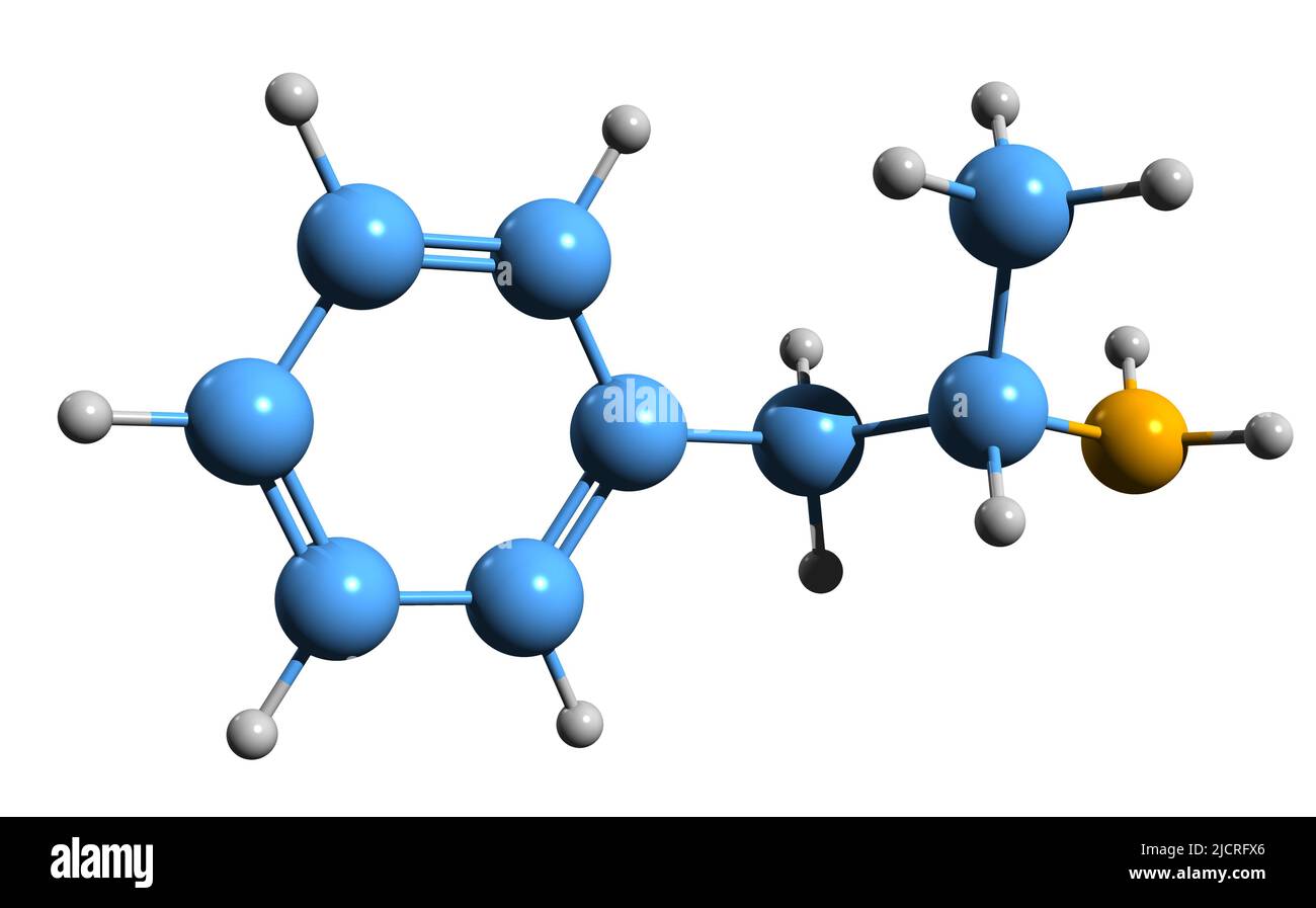 3D Bild der Adderall-Skelettformel - molekularchemische Struktur von gemischten Amphetaminsalzen, isoliert auf weißem Hintergrund Stockfoto