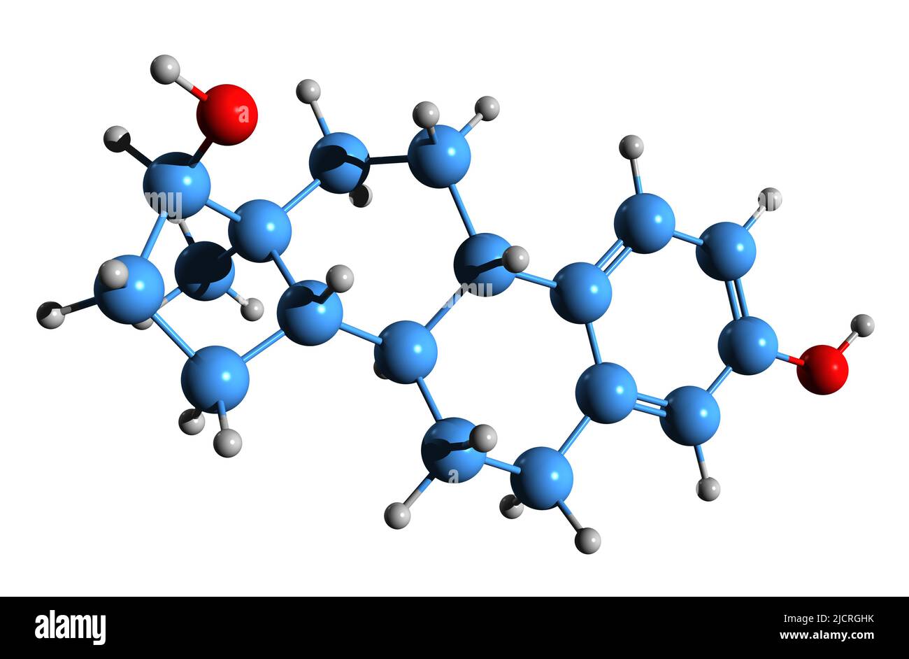 3D Bild der Skelettformel von Alfatradiol - molekularchemische Struktur von 17a-Estradiol isoliert auf weißem Hintergrund Stockfoto
