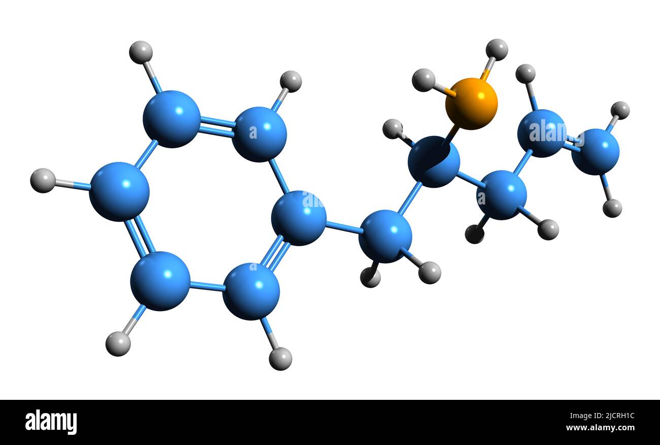 3D Bild der Skelettformel von Alfetamin - molekulare chemische Struktur von Alpha-Allyl-Phenethylamin isoliert auf weißem Hintergrund Stockfoto